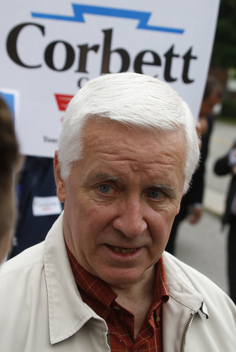 Pennsylvania Gov. Tom Corbett after voting in the Pennsylvania  primary election on Tuesday, May 20, 2014 in the Pittsburgh suburb of Shaler Towhnship, Pa.