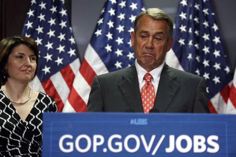House Speaker John Boehner (R-OH) during a news conference after a Republican Party caucus meeting on Capitol Hill in Washington May 20, 2014.