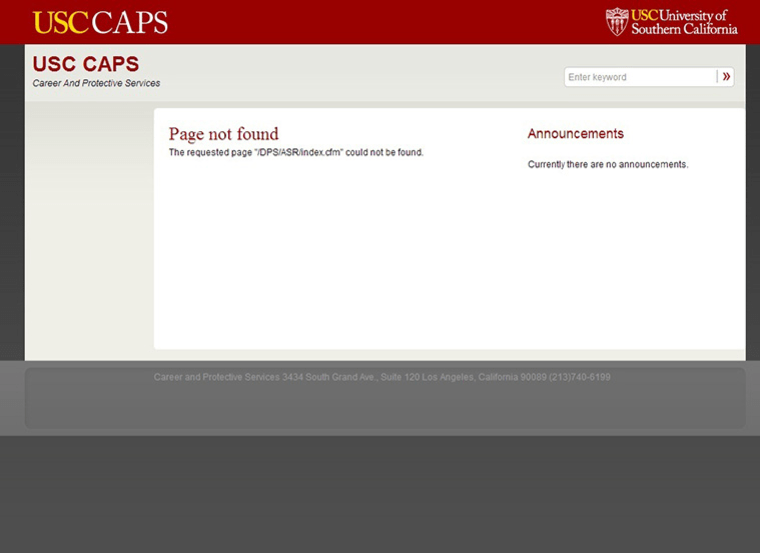 A screenshot of a web page showing an error message on the University of Southern California's website.