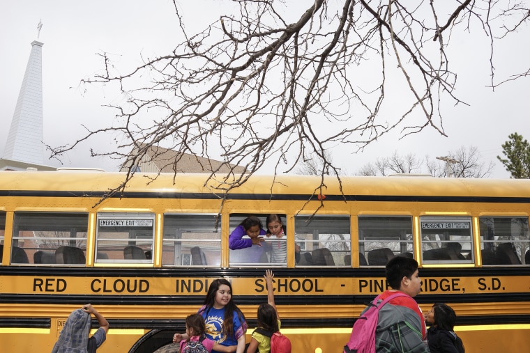 Students on the bus at the end of the school day at the Red Cloud School in Pine Ridge.