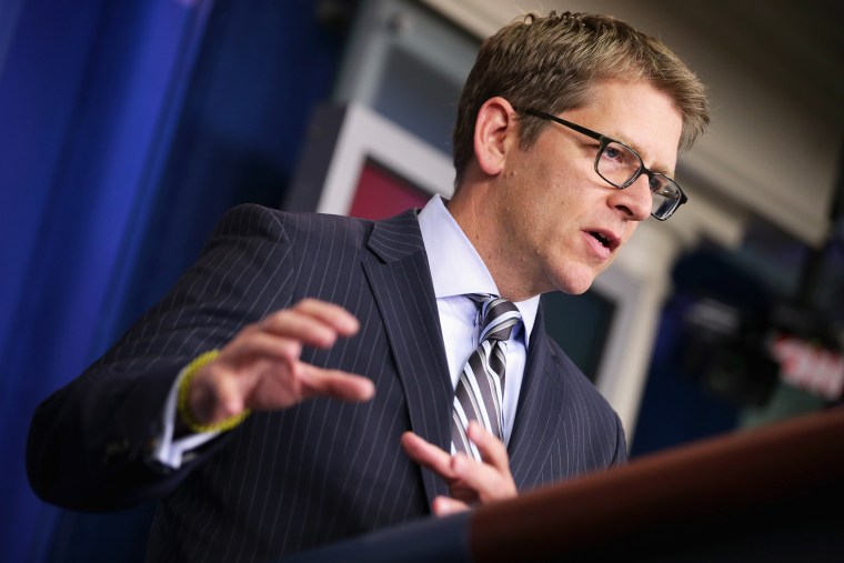 White House Press Secretary Jay Carney talks to reporters during the daily press briefing at the White House October 10, 2013 in Washington, D.C.