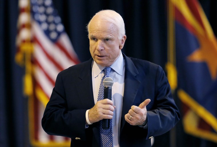 Sen. John McCain, R-Ariz., speaks to workers at MD Helicopters, Friday, May 30, 2014, in Mesa, Ariz.
