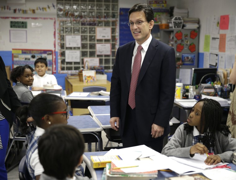 House Majority Leader Eric Cantor visits with students in New York, Monday, May 12, 2014.