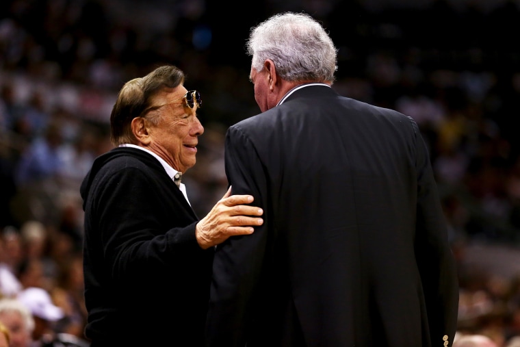 Donald Sterling talks with Peter Holt, owner of the San Antonio Spurs on May 19, 2013 in San Antonio, Texas.