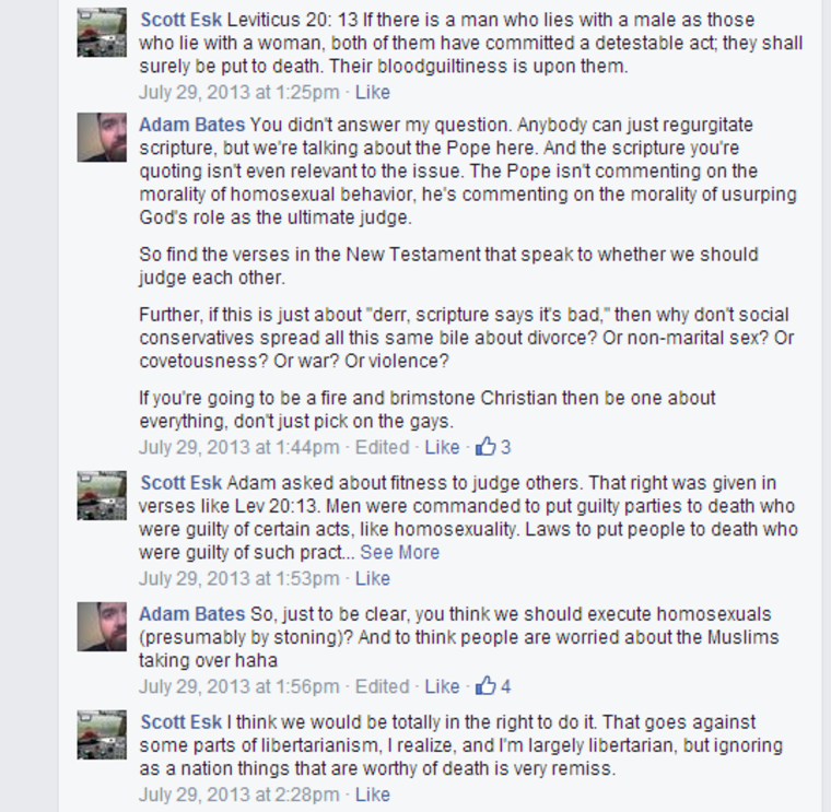 Screenshot of a Facebook conversation featuring Scott Esk, Republican candidate for the Oklahoma state house. The conversation has been edited slightly for clarity, removing an unrelated participant.