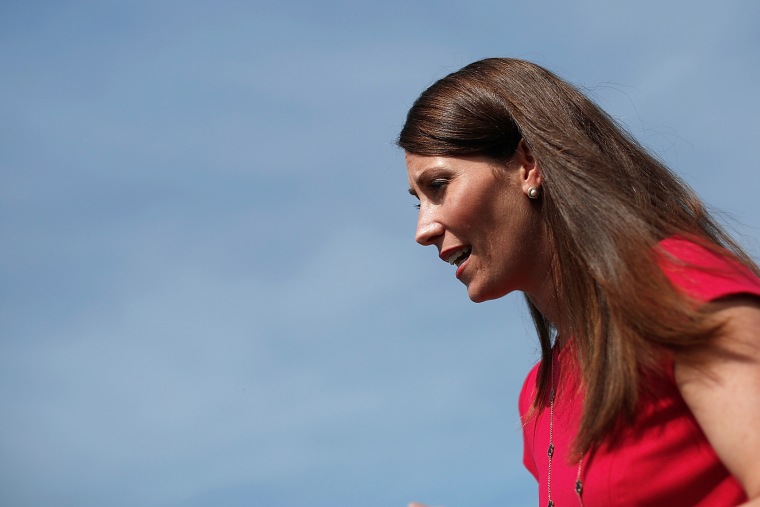 Senate candidate and Kentucky Secretary of State Alison Lundergan Grimes (D-KY) campaigns in advance of the state's Democratic primary May 19, 2014 at Lakeview Park in Frankfort, Ky.