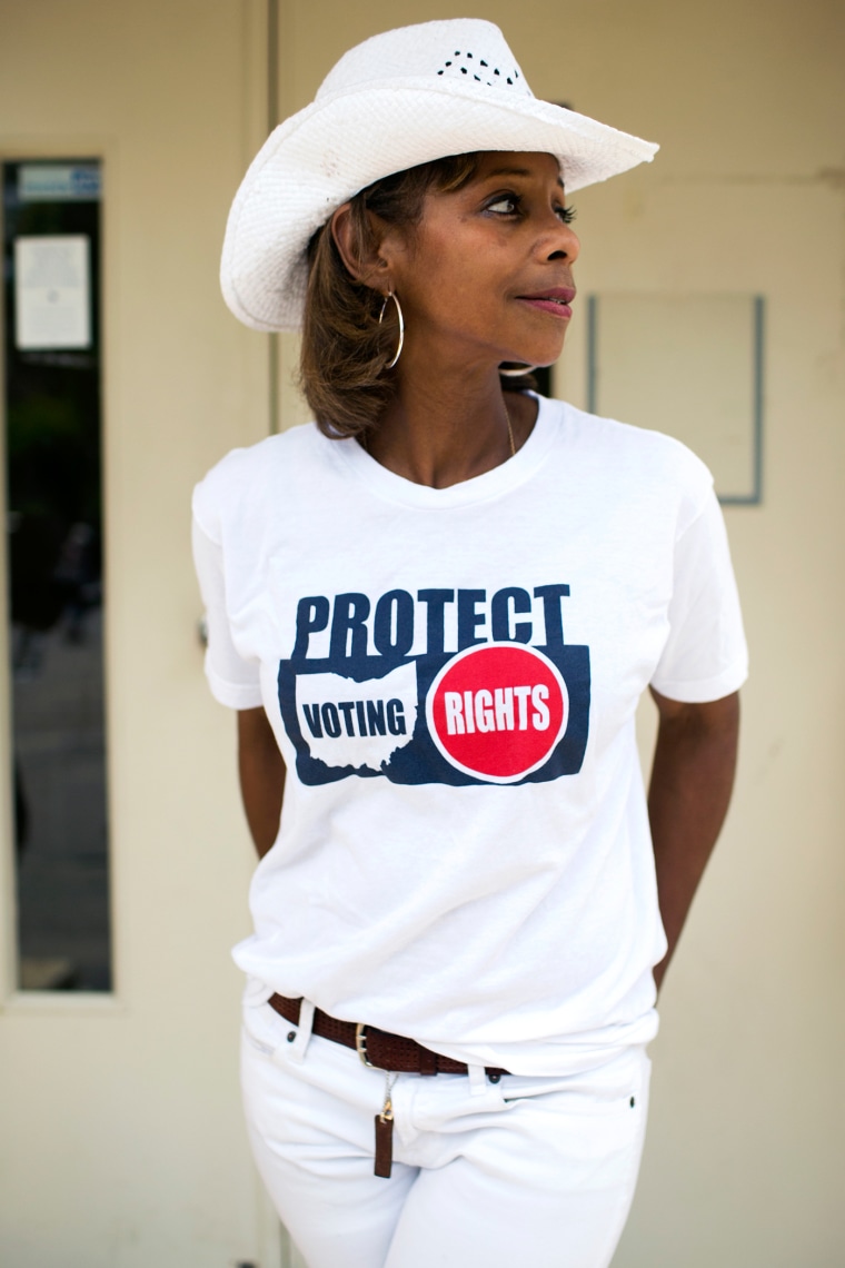 Pamela Champion, a supporter of the Ohio Voters Bill of Rights, attends a rally at AFSCME Ohio Council 8 in Cincinnati, Ohio on June 21, 2014.