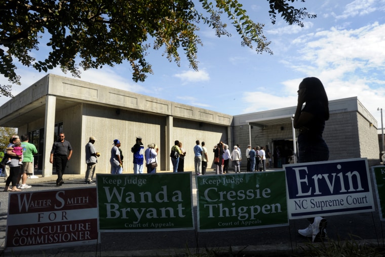 Campaign signs line the walk as people wait in line to vote in Wilson, North Carolina.