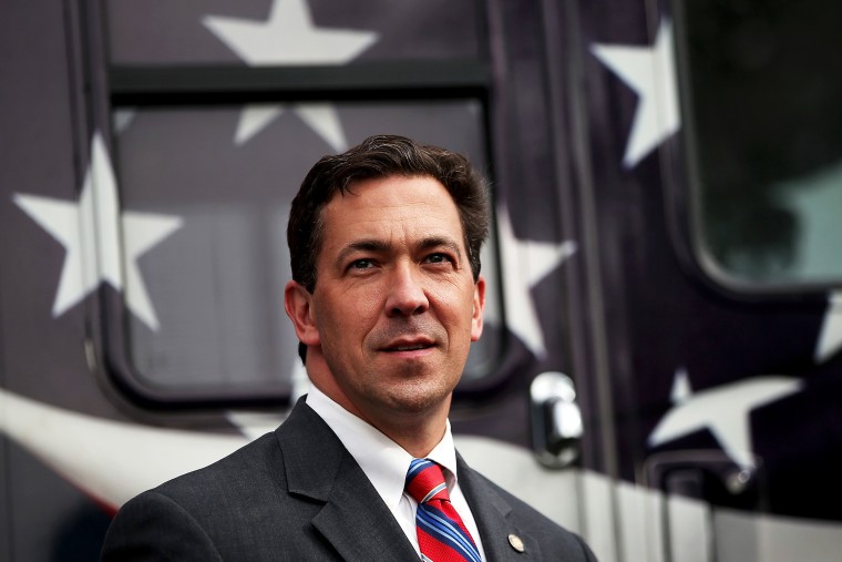 Chris McDaniel looks on during a campaign rally on June 23, 2014 in Flowood, Mississippi.