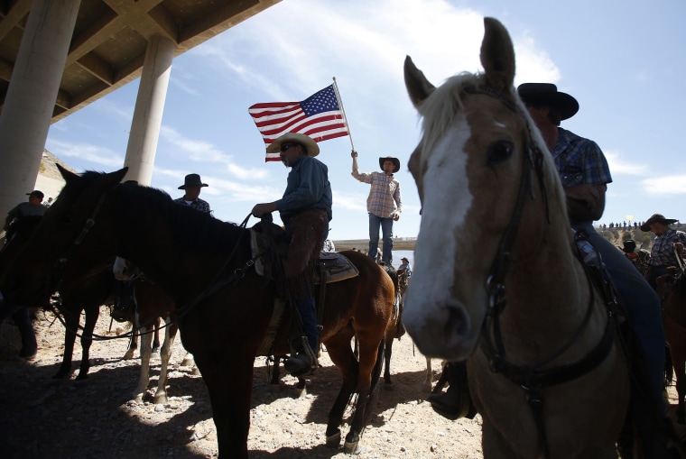 Image: A protester waves the U.S. flag near the Bureau of Land Management's base camp where seized cattle, that belonged to rancher Cliven Bundy, are being held at near Bunkerville