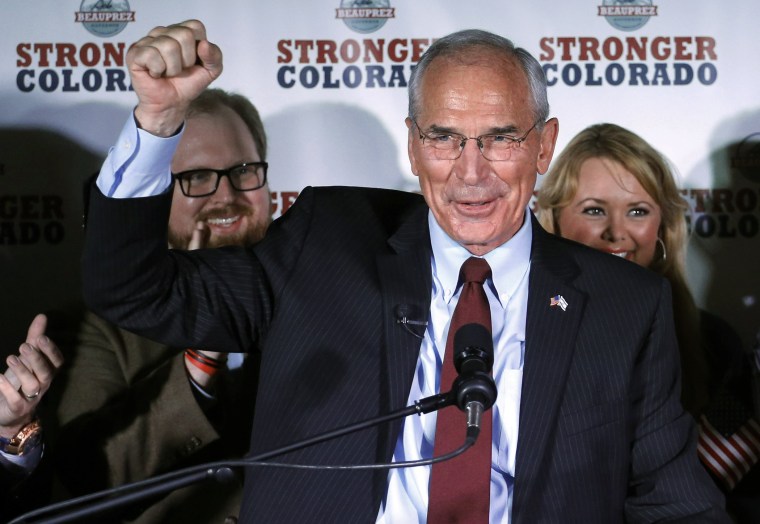 Republican gubernatorial candidate winner Bob Beauprez addresses supporters at an election party in Denver on Tuesday, June 24, 2014.