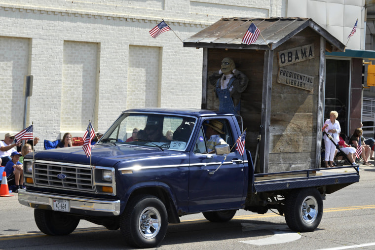 A float with the words \"Obama Presidential Library\" is seen during the Fourth of July parade in downtown Norfolk, Neb. July 4, 2014.