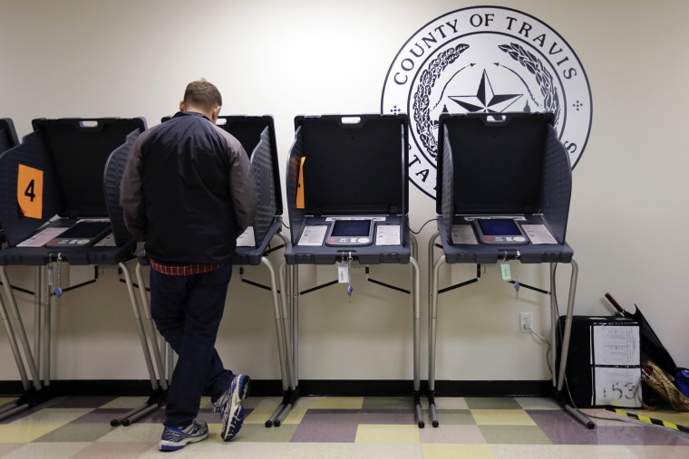 In this Wednesday, Feb. 26, 2014 photo, a voter casts his ballot at an early voting polling site, in Austin, Texas.