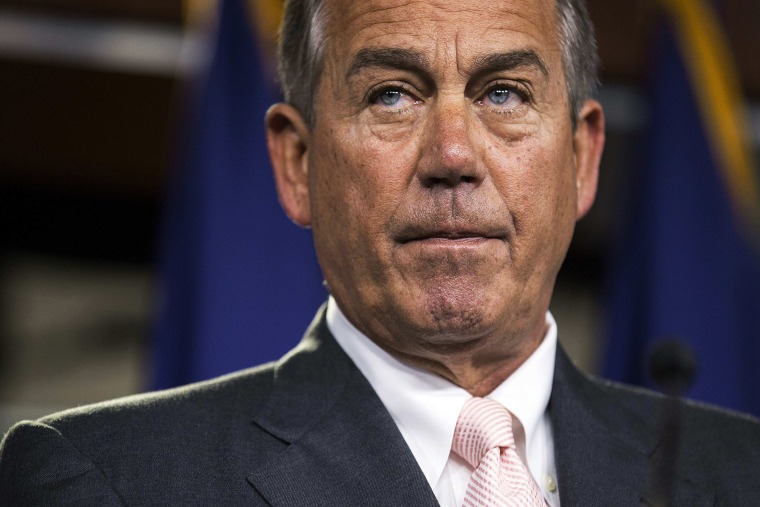 Speaker of the House John Boehner speaks to the media on Capitol Hill in Washington, July 10, 2014.