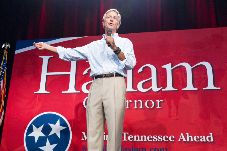 Tennessee Gov. Bill Haslam speaks at the launch of his re-election campaign at the Loveless Cafe in Nashville, Tenn., May 31, 2014.