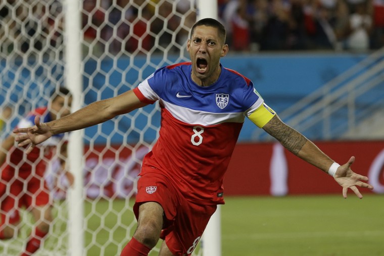 United States' Clint Dempsey celebrates after scoring the opening goal during the group G World Cup soccer match between Ghana and the United States at the Arena das Dunas in Natal, Brazil, June 16, 2014.