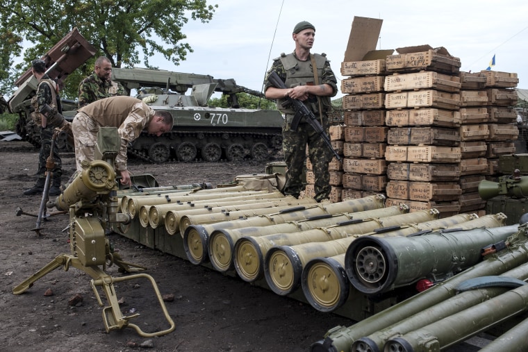 Ukrainian government soldiers guard weapons captured from rebels in Devhenke village, eastern Ukraine, July 8, 2014.