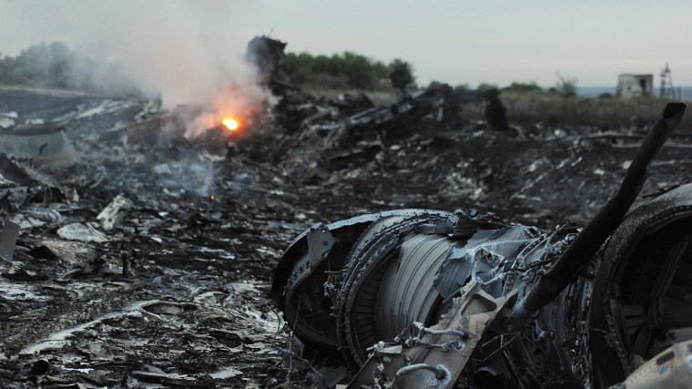 A picture taken on July 17, 2014 shows wreckages of the malaysian airliner carrying 295 people from Amsterdam to Kuala Lumpur after it crashed, near the town of Shaktarsk, in rebel-held east Ukraine.