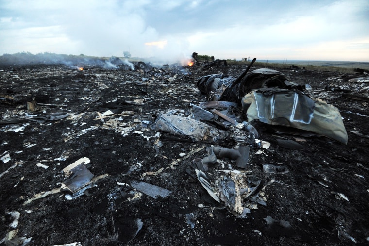 Flames are shown amongst the wreckages of the Malaysia Airlines flight carrying 298 people from Amsterdam to Kuala Lumpur after it crashed, near the town of Shaktarsk, in rebel-held east Ukraine, July 17, 2014.