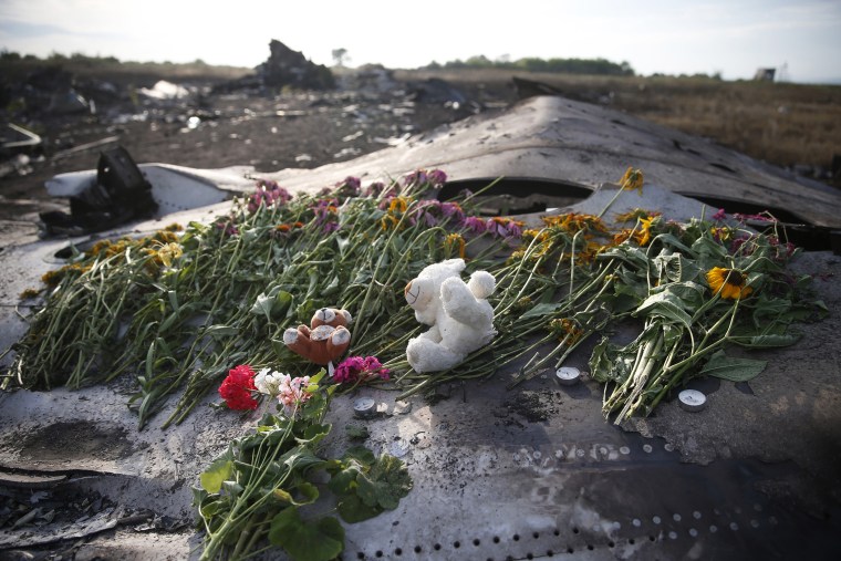 Flowers and mementos lie on wreckage at the crash site of Malaysia Airlines Flight MH17, near the settlement of Grabovo in the Donetsk region of Ukraine, July 19, 2014.