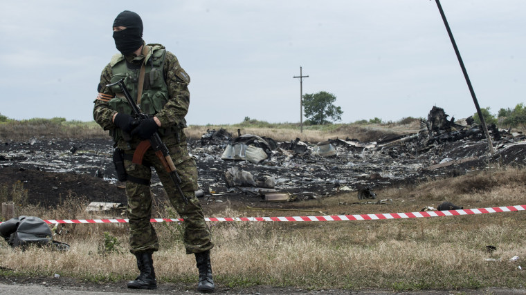 A pro-Russian fighter guards the crash site of a Malaysia Airlines jet near the village of Hrabove, eastern Ukraine, Saturday, July 19, 2014.