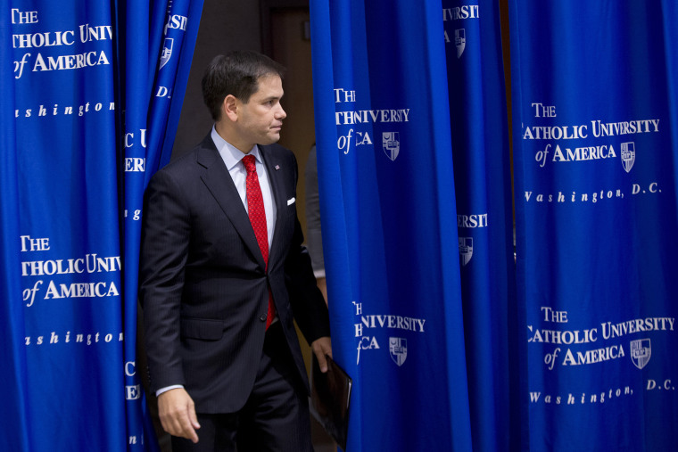 Sen. Marco Rubio, R-Fla., arrives to speak at the Catholic University of America, in Washington, Wednesday, July 23, 2014.