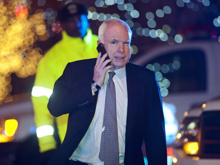 Sen. John McCain, R-Ariz., leaves the Jefferson Hotel after a dinner meeting hosted by President Barack Obama for a few Republican Senators in Washington, Wednesday, March 6, 2013.