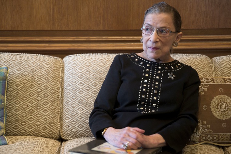 Ruth Bader Ginsburg pauses while talking in her chambers following an interview in Washington, D.C.