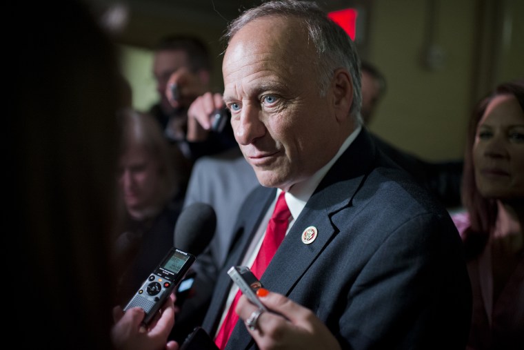 Rep. Steve King, R-Iowa, speaks with the media after a meeting of the House Republican caucus in the Capitol to discuss an immigration bill, Aug. 1, 2014.