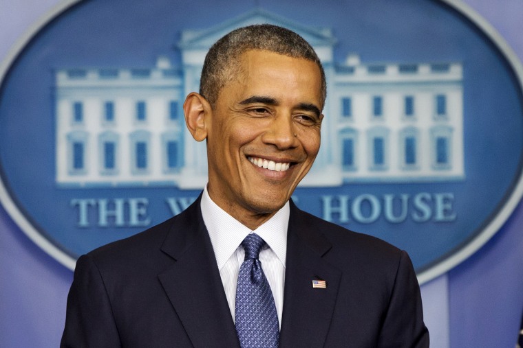 President Barack Obama smiles during a news conference in the Brady Press Briefing Room of the White House in Washington, D.C., Aug. 1, 2014.