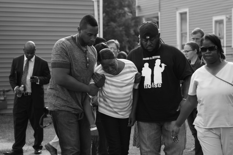 Desuirea Harris, the grandmother of Michael Brown, the unarmed teen fatally shot by police on Saturday was over come with grief following a press conference where her family addressed the media.