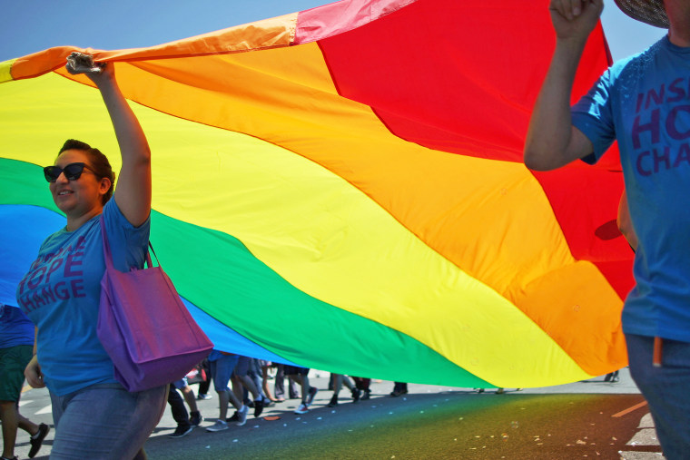 Marchers carry a rainbow flag in the LA Pride Parade on June 8, 2014 in West Hollywood, California.