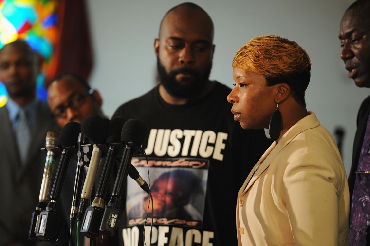Lesley McSpadden, mother of slain 18 year-old Michael Brown speaks during a press conference at Jennings Mason Temple Church of God In Christ, on August 11, 2014 in Jennings, Missouri.