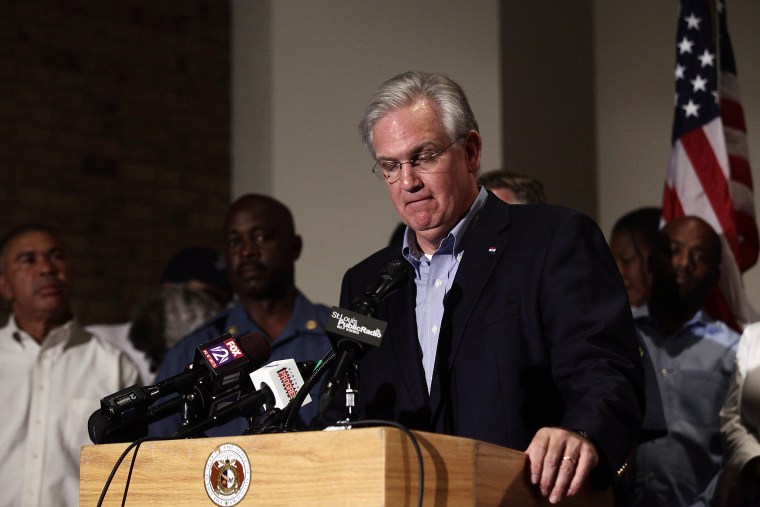 Missouri Governor Jay Nixon speaks about the shooting death of 18 year-old Michael Brown during a news conference, Aug. 16, 2014 in Ferguson, Mo.
