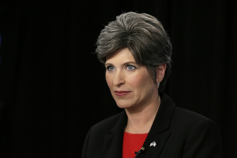 Iowa Republican senatorial candidate State Sen. Joni Ernst looks on during a break in live televised debate at KCCI-TV studios, May 29, 2014, in Des Moines, Iowa.