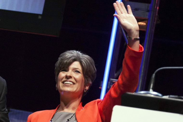 Joni Ernst waves after speaking at the Family Leadership Summit in Ames, Iowa August 9, 2014.