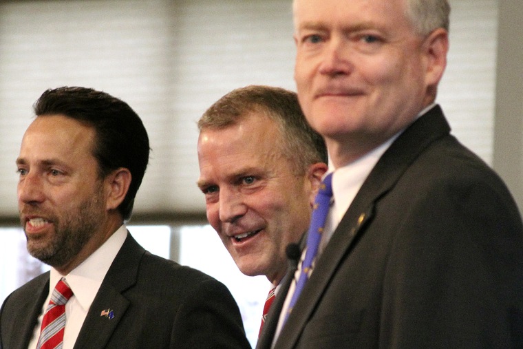 From left, U.S. Senate Republican candidates Joe Miller, Dan Sullivan and Lt. Gov. Mead Treadwell take part in a debate in Eagle River, Alaska, Monday, Aug. 4, 2014.