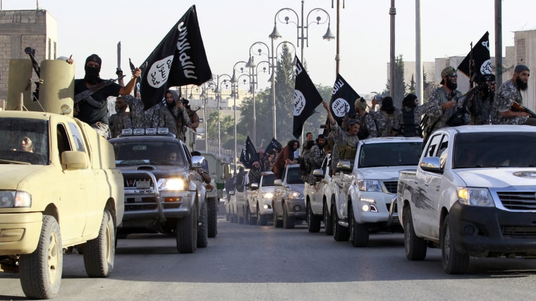 Militant Islamist fighters parade on military vehicles along the streets of northern Raqqa province June 30, 2014.