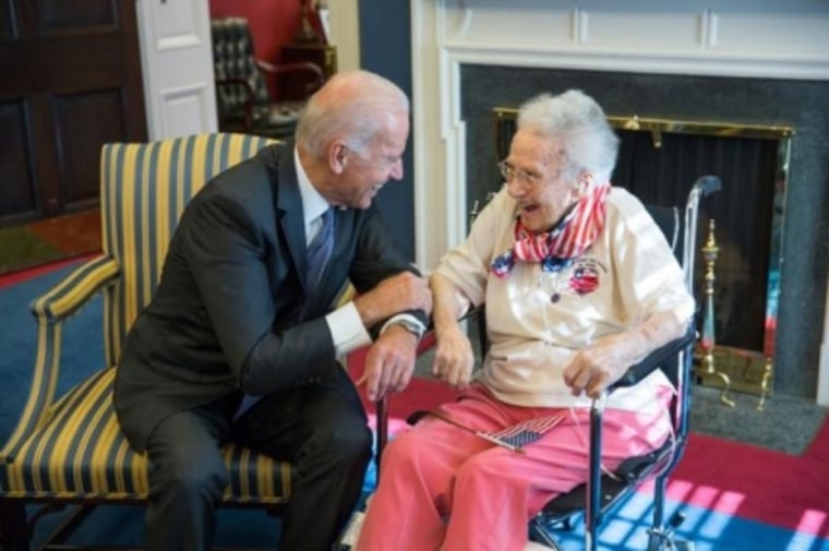 Vice President Joe Biden greets Lucy Coffey, 108, the oldest living female World War II veteran, in his West Wing Office, July 25, 2014. (Official White House Photo by Lawrence Jackson)