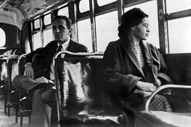 Rosa Parks seated toward the front of the bus, Montgomery, Alabama, 1956.