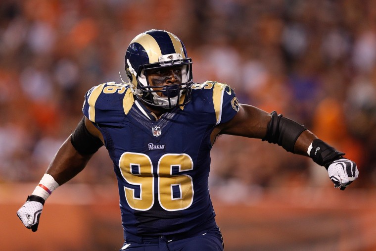Michael Sam of the St. Louis Rams reacts during a game against the Cleveland Browns on August 23, 2014.