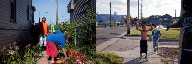 (left) Ronnie Downing, who was let go from his job at the Revel Casino Hotel, tends to his back garden along with his wife, while (right) a group of kids and adults have an afternoon water fight in Atlantic City on Aug. 28th, 2014.