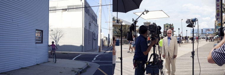 (left) A young girl rides her bike along South Carolina Ave in Atlantic City and (right) Atlantic City Mayor Don Guardian waits to be interviewed about the casino closings on Aug. 29th, 2014.