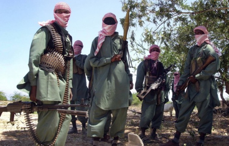 Members of Somalia’s al-Shabab jihadist movement are pictured during exercises at their military training camp outside Mogadishu, November 2008. (AP)