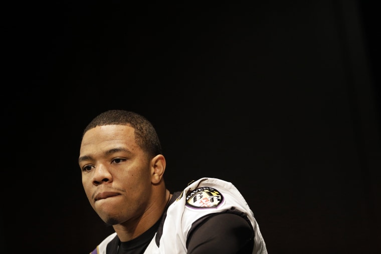 Baltimore Ravens running back Ray Rice speaks at an NFL football news conference at the team's practice facility in Owings Mills, Md., Jan. 24, 2013.