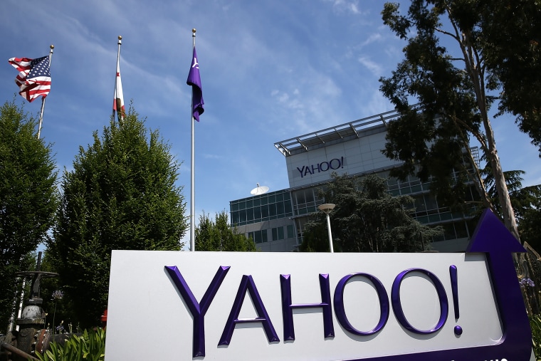 A sign is posted in front of the Yahoo! headquarters on May 23, 2014 in Sunnyvale, Calif.
