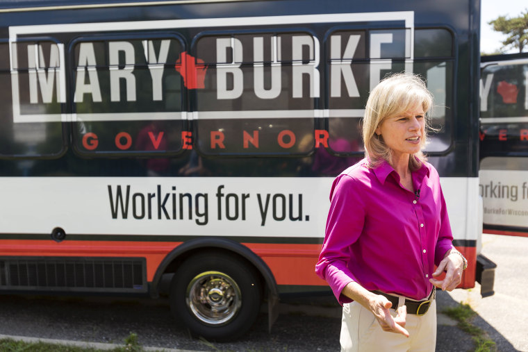 Wisconsin democratic gubernatorial candidate Mary Burke is interviewed by Wisconsin Public Television on July 24, 2014, in Janesville, Wis.