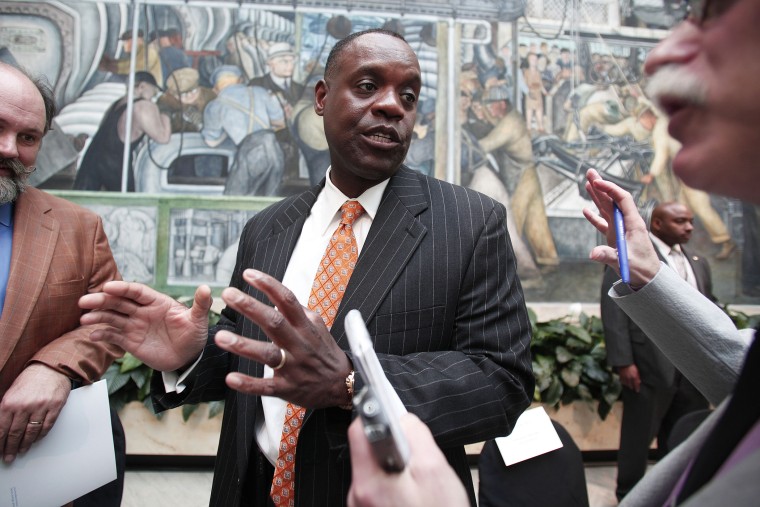 Detroit Emergency Manager Kevyn Orr speaks with the media after a press conference at the Detroit Institute of Arts June 9, 2014 in Detroit, Mich.
