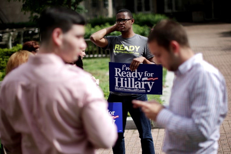 Volunteers for the Ready for Hillary Clinton for President 2016 Super PAC canvas on the campus of George Washington University on June 13, 2014 in Washington, DC. (Photo by Chip Somodevilla/Getty)