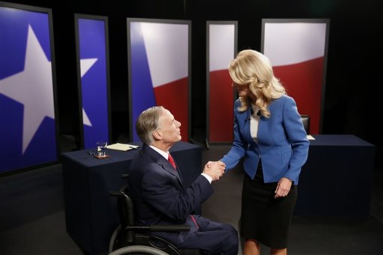 Texas State Senator Wendy Davis, right, Democratic Gubernatorial candidate, and Texas Attorney General Greg Abbott, left, Republican Gubernatorial candidate,...